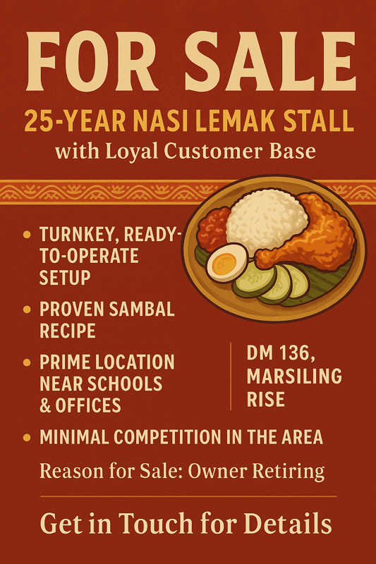 For Sale: Long-Running Muslim Owned Nasi Padang Food Stall with Loyal Customer Base – Owner Retiring