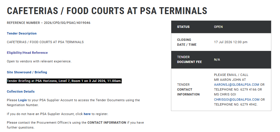 Tender of Cafeterias at PSA Terminals for 3 Years